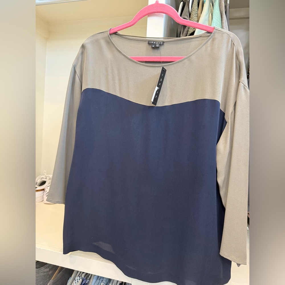 Theory Blue and Taupe Boxy Blouse Relaxed Style